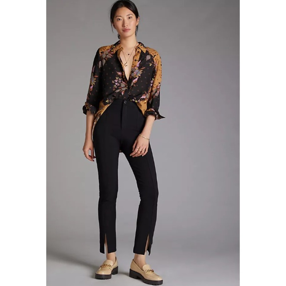 Anthropologie Amandi Pants Womens Black Slit-Front Tapered Stretch Size S Petite